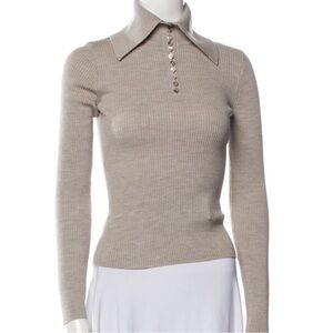 Women's Beige Ribbed Knit Top Deveaux Merino Wool Long Sleeve Sweater EUC